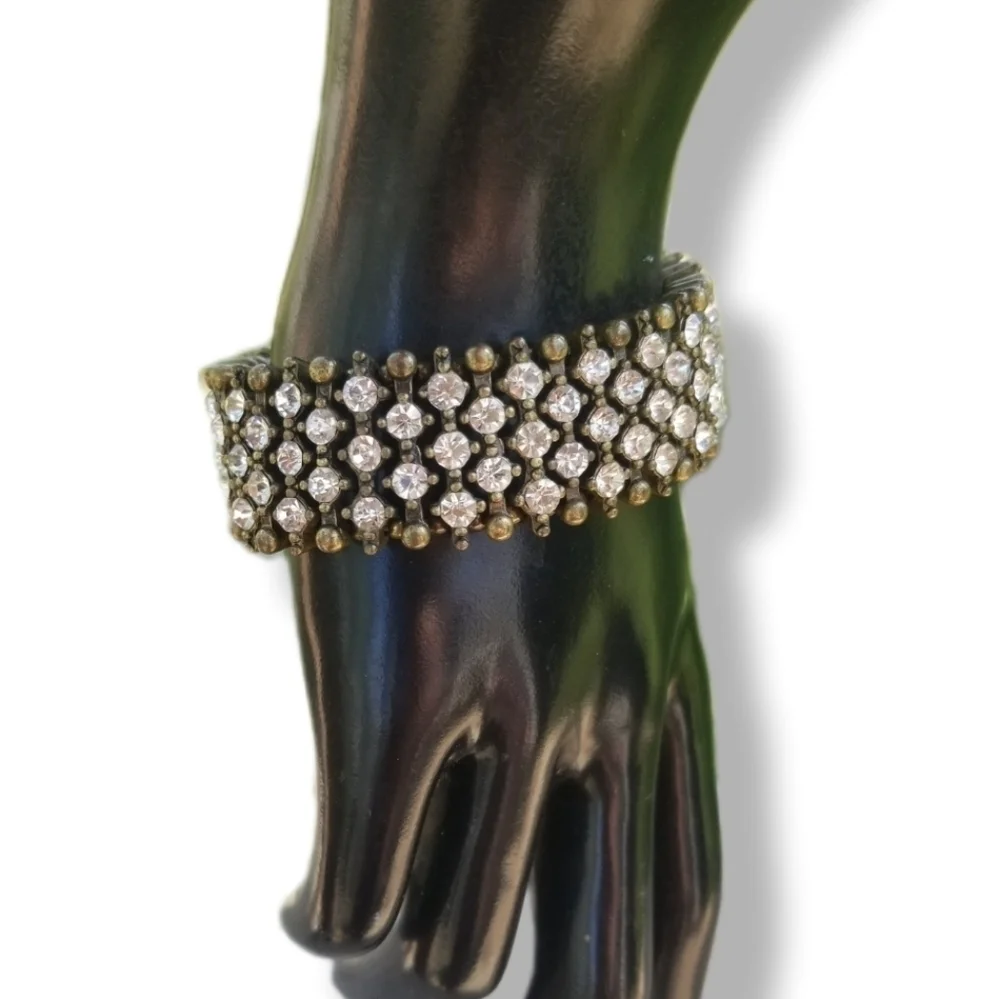 VINTAGE ANTIQUED BRASS & WHITE RHINESTONE MESH DESIGN STRETCH BRACELET